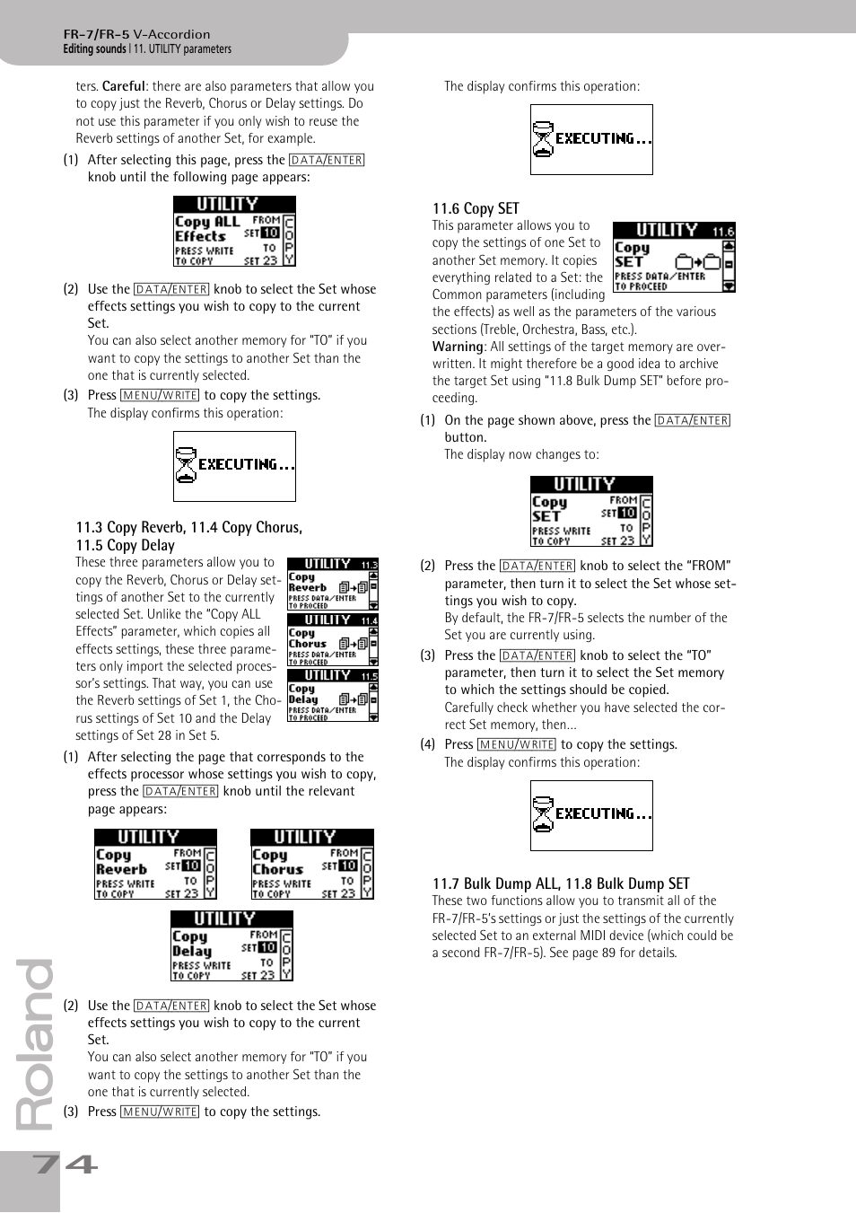 3copy reverb, 11.4copy chorus, 11.5copydelay, 6copy set, 7bulk dump all, 11.8bulk dump set | P. 74 | Roland V-ACCORDION FR-5 User Manual | Page 74 / 114