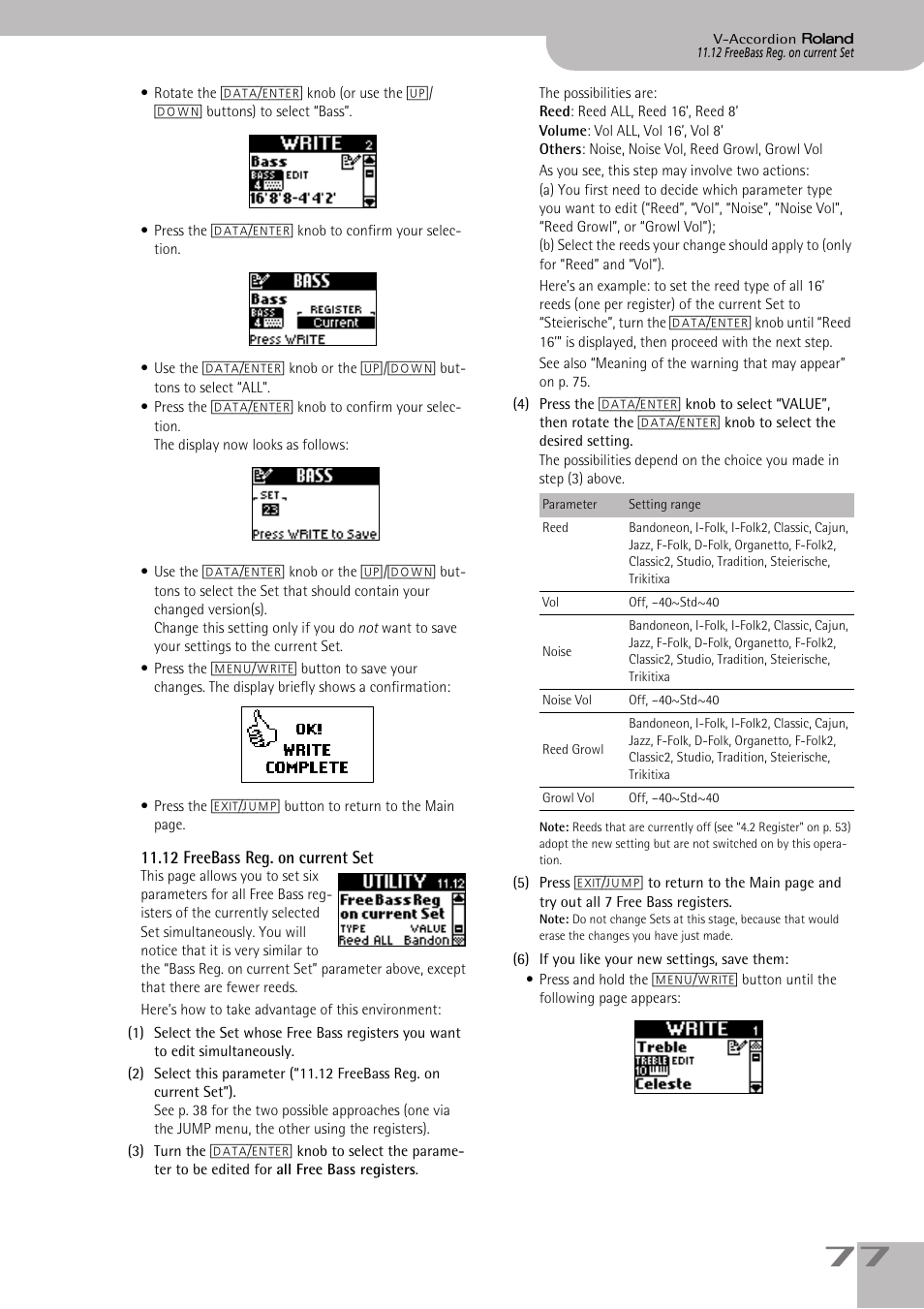 12freebass reg. on currentset, P. 77 | Roland V-ACCORDION FR-5 User Manual | Page 77 / 114