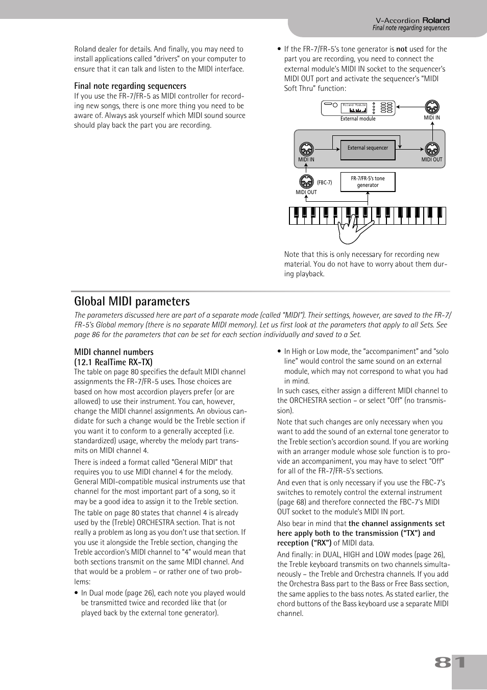 Final note regarding sequencers, Global midi parameters, Midi channel numbers | P. 81 | Roland V-ACCORDION FR-5 User Manual | Page 81 / 114