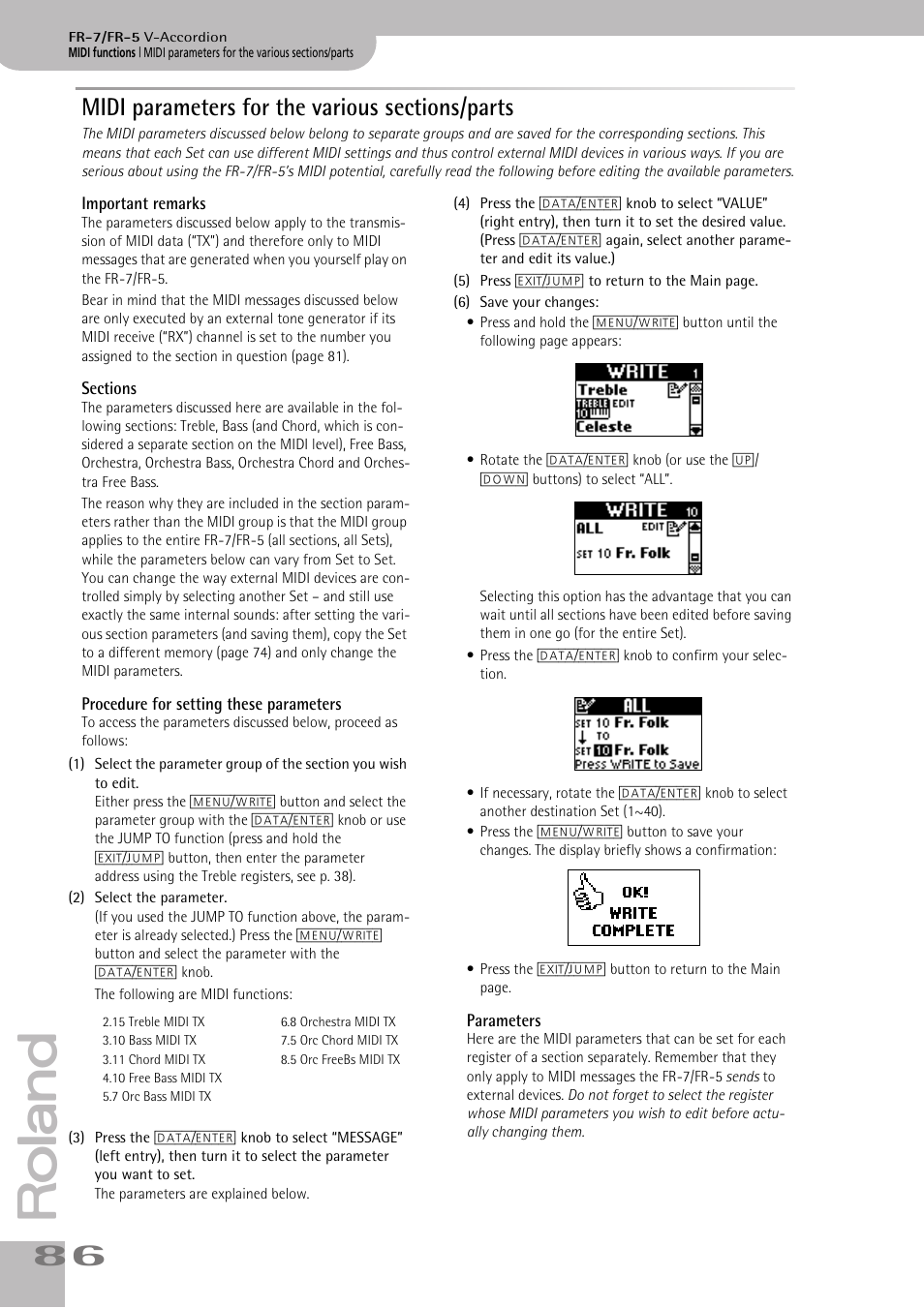 Midi parameters for the various sections/parts, Important remarks, Sections | Procedure for setting these parameters, Parameters | Roland V-ACCORDION FR-5 User Manual | Page 86 / 114