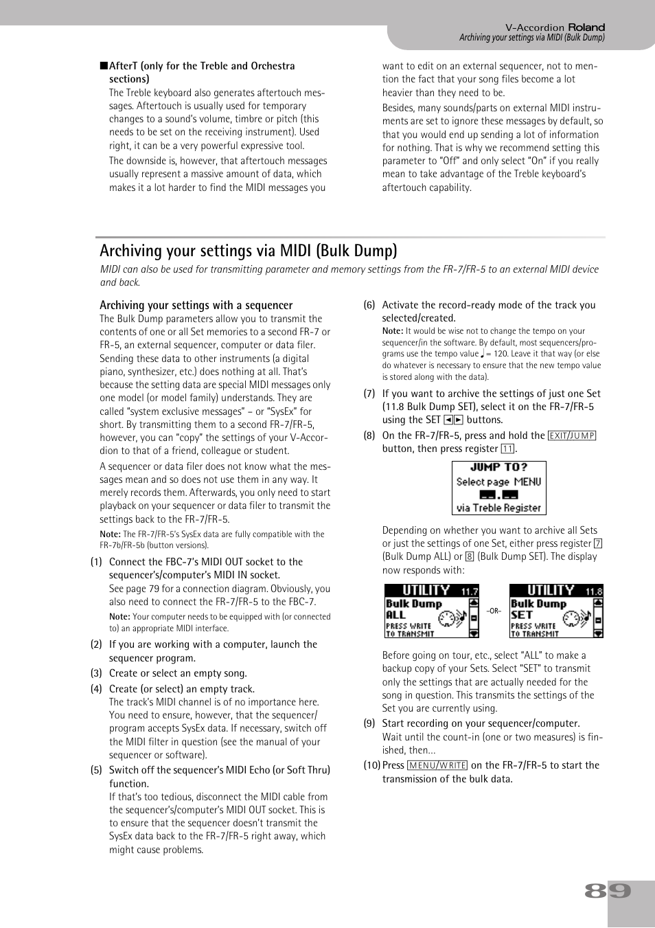 Archiving your settings via midi (bulk dump), Archiving your settings with a sequencer | Roland V-ACCORDION FR-5 User Manual | Page 89 / 114