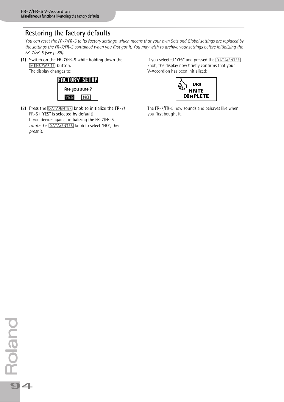 Restoring the factory defaults | Roland V-ACCORDION FR-5 User Manual | Page 94 / 114