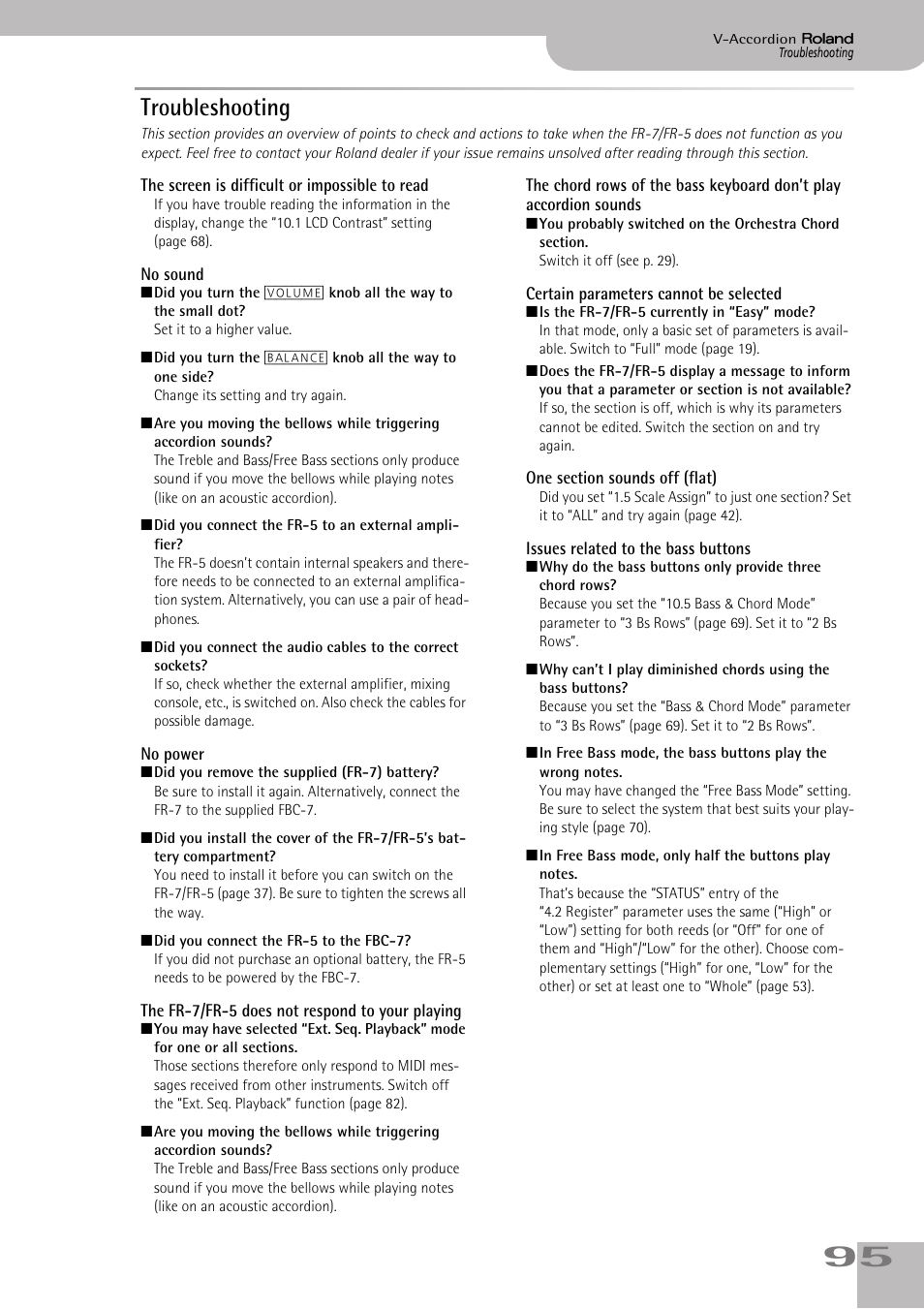 Troubleshooting, The screen is difficult or impossible to read | Roland V-ACCORDION FR-5 User Manual | Page 95 / 114
