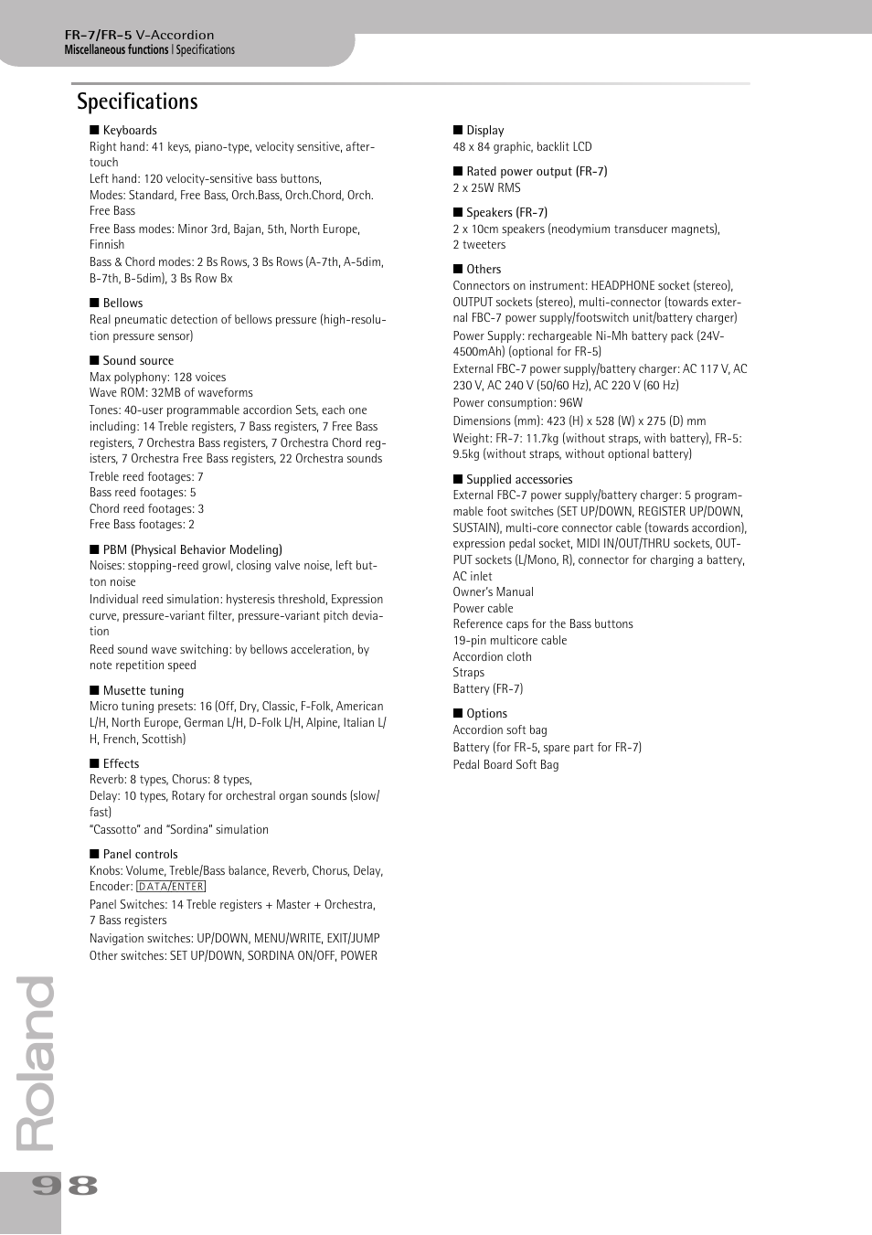 Specifications, Let that meets the specifications (see p. 98) | Roland V-ACCORDION FR-5 User Manual | Page 98 / 114
