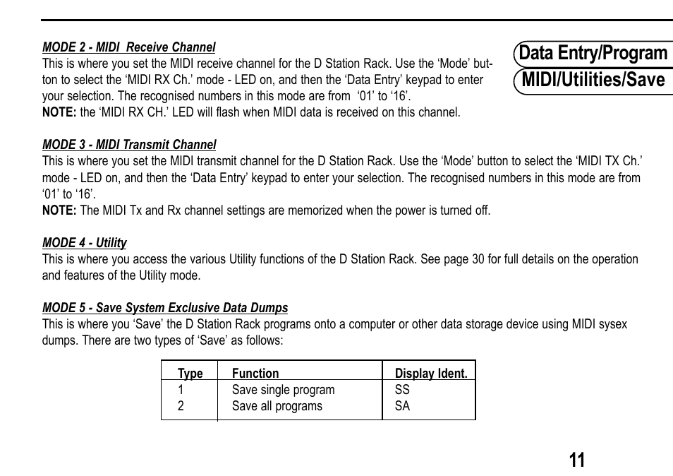 Data entry/program midi/utilities/save 11 | Roland D Station User Manual | Page 13 / 54