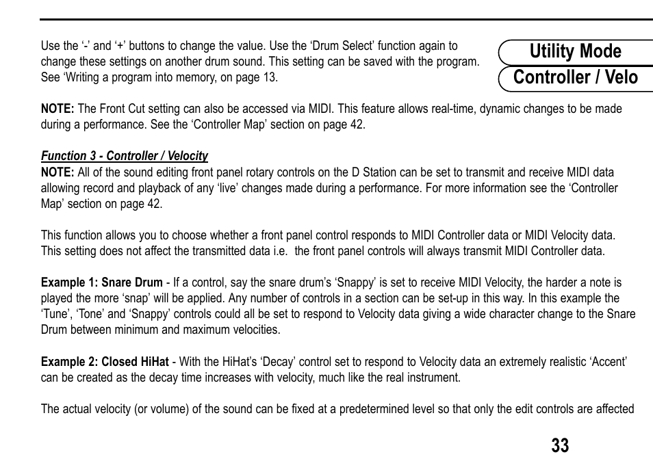 Utility mode controller / velo 33 | Roland D Station User Manual | Page 35 / 54