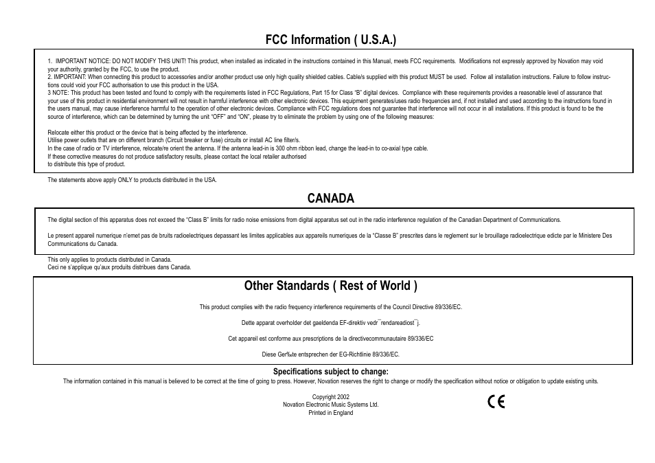 Fcc information ( u.s.a.), Canada, Other standards ( rest of world ) | Roland D Station User Manual | Page 53 / 54