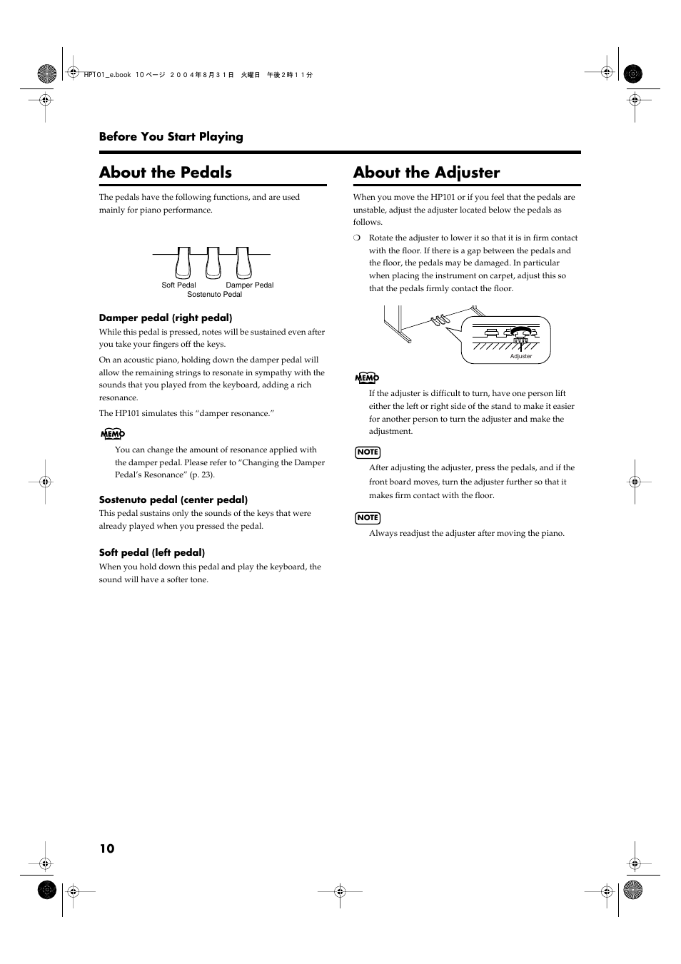 About the pedals, About the adjuster | Roland HP101 User Manual | Page 10 / 40