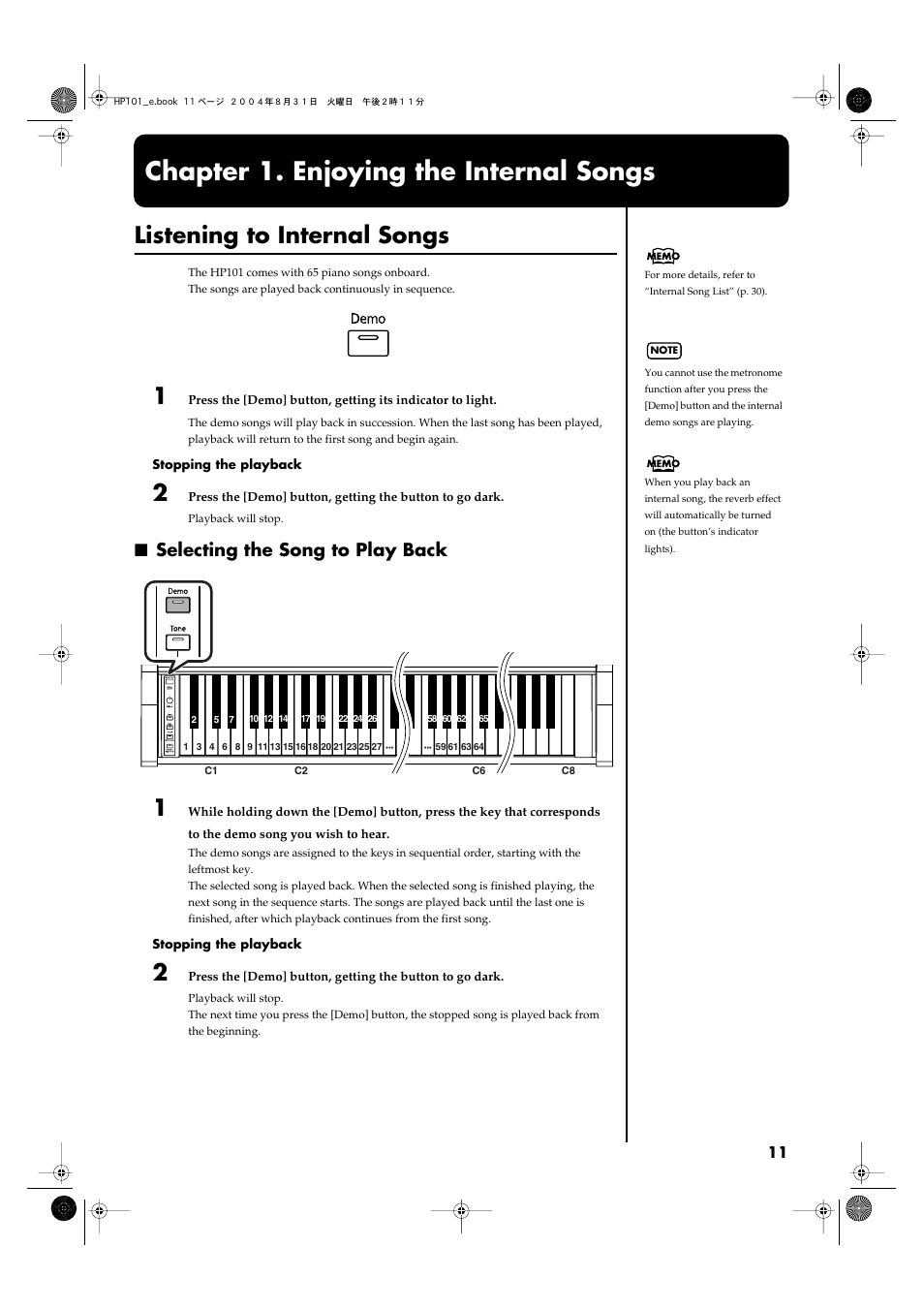 Chapter 1. enjoying the internal songs, Listening to internal songs, Selecting the song to play back | Plays the internal songs (p. 11) | Roland HP101 User Manual | Page 11 / 40
