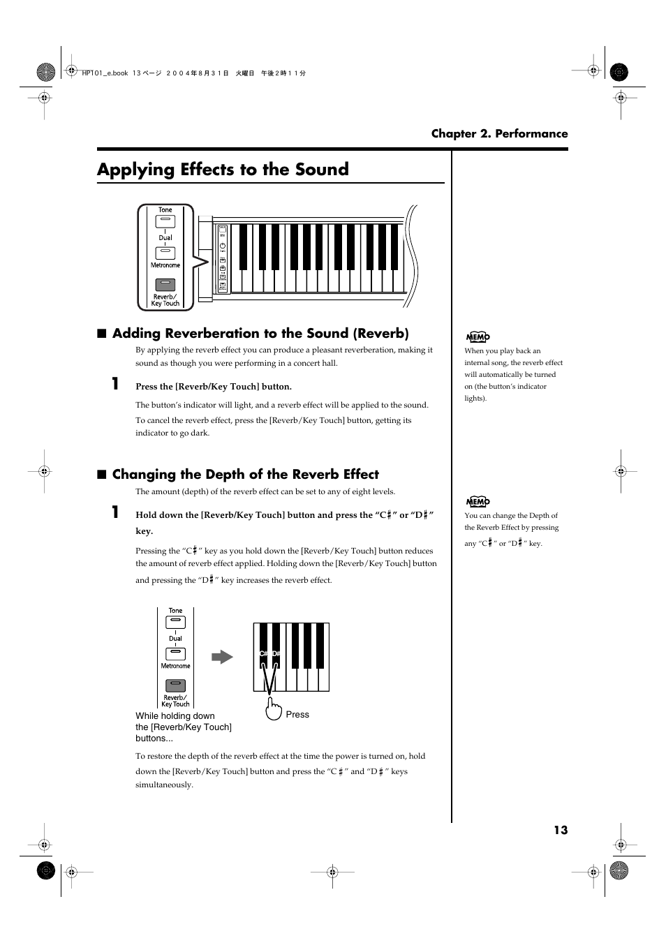 Applying effects to the sound, Adding reverberation to the sound (reverb), Changing the depth of the reverb effect | Adds reverberation to the sound (p. 13) | Roland HP101 User Manual | Page 13 / 40