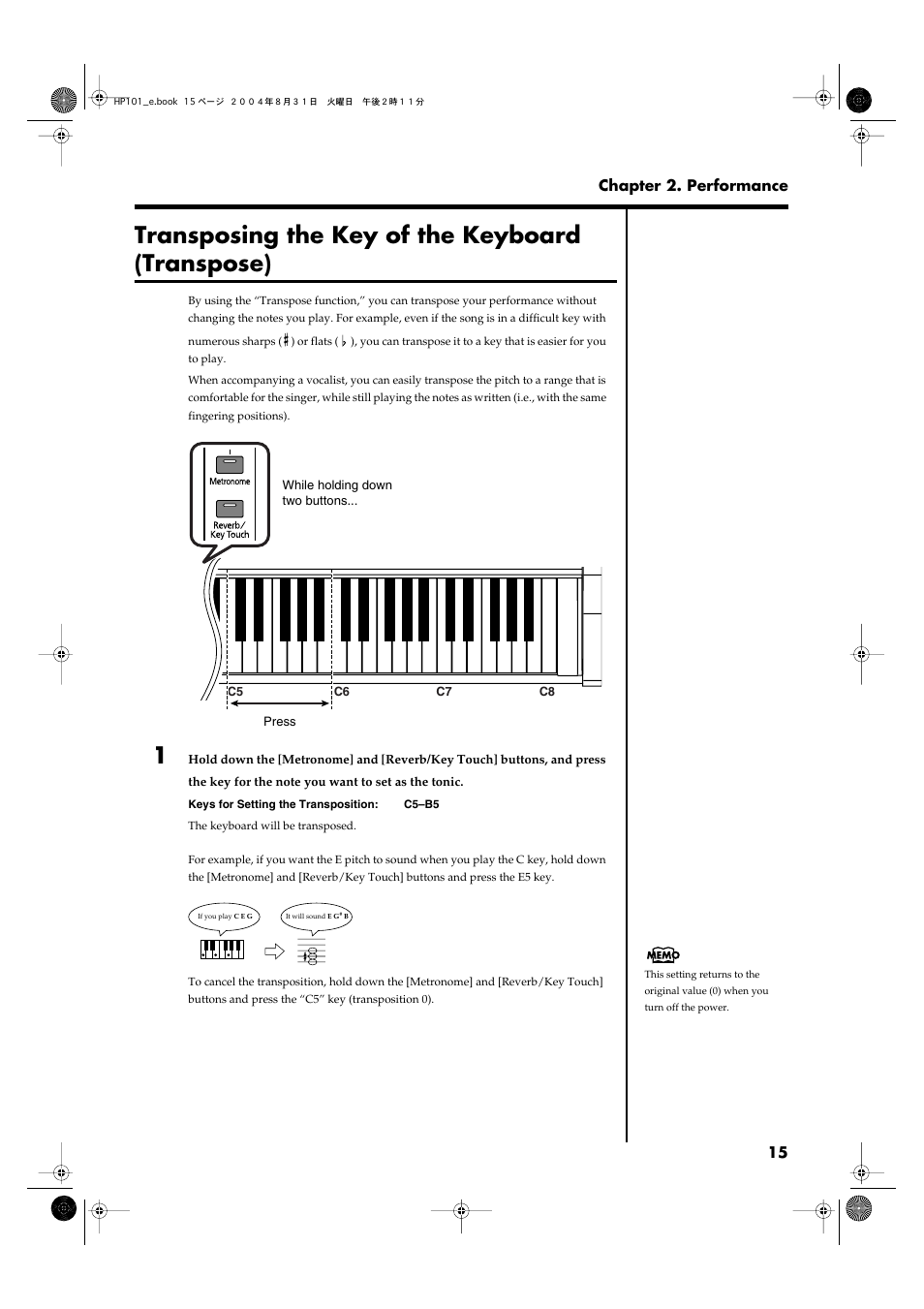 Transposing the key of the keyboard (transpose) | Roland HP101 User Manual | Page 15 / 40