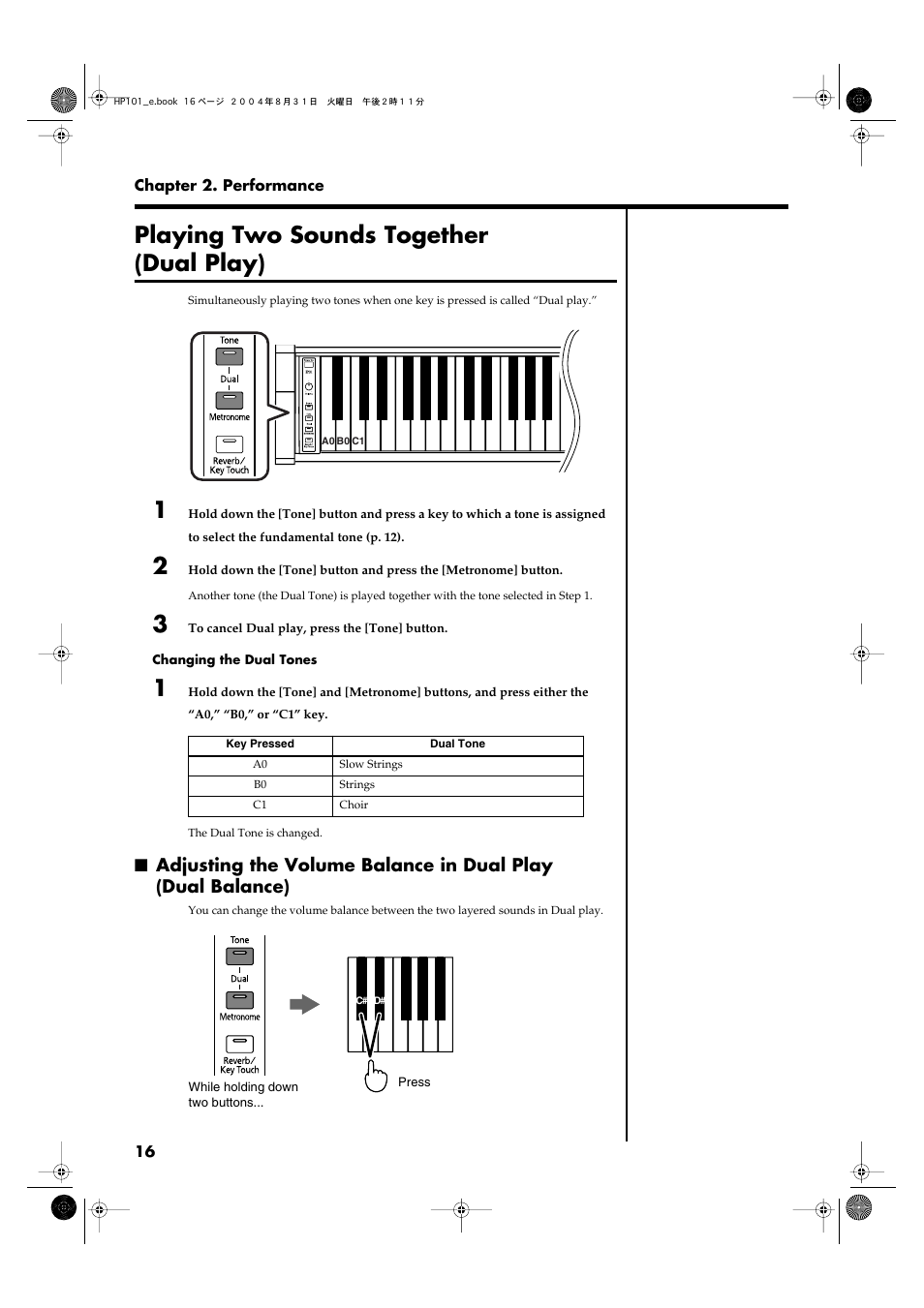 Playing two sounds together (dual play) | Roland HP101 User Manual | Page 16 / 40