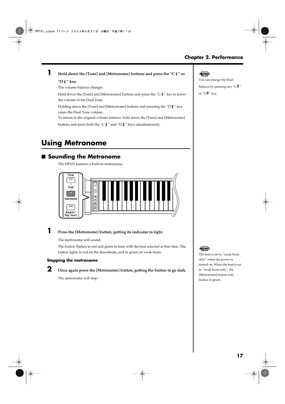 Using metronome, Sounding the metronome, Turns the metronome on/off (p. 17) | Roland HP101 User Manual | Page 17 / 40