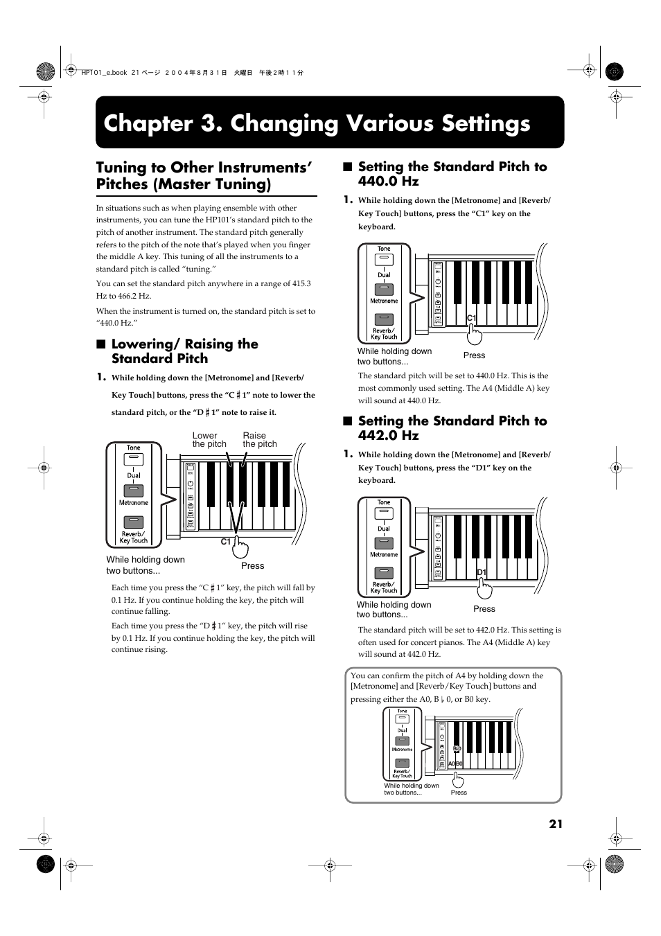 Chapter 3. changing various settings, Lowering/ raising the standard pitch, Setting the standard pitch to 440.0 hz | Setting the standard pitch to 442.0 hz | Roland HP101 User Manual | Page 21 / 40