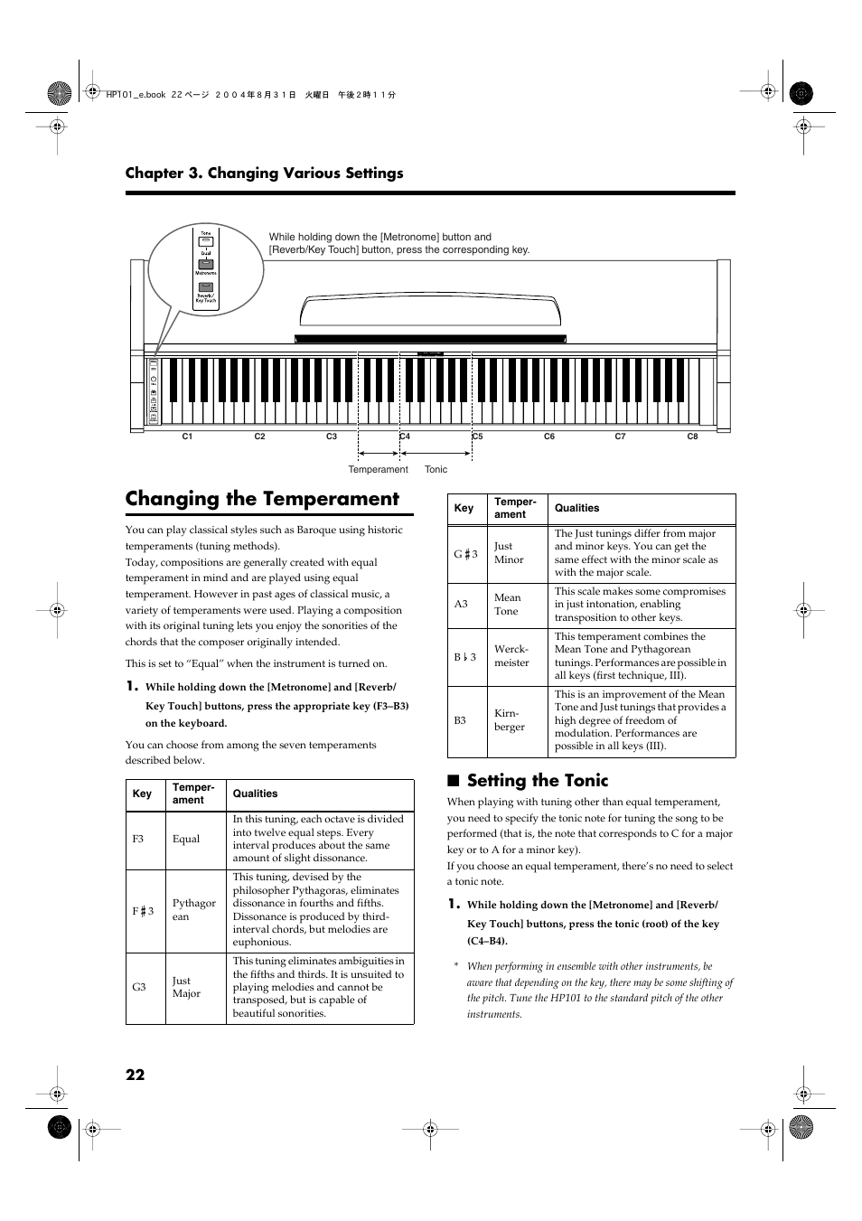 Changing the temperament, Setting the tonic | Roland HP101 User Manual | Page 22 / 40