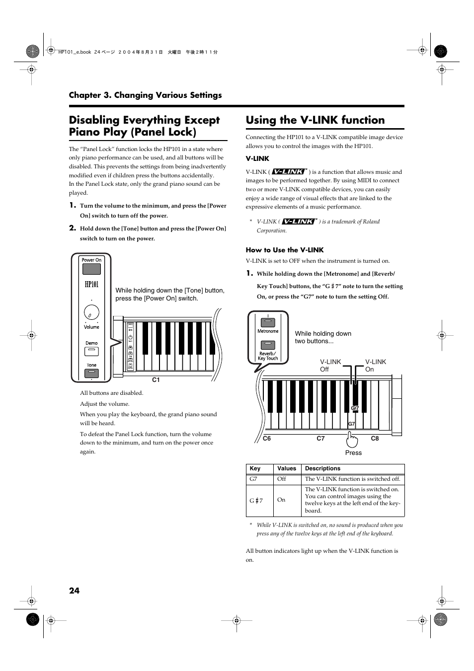 Using the v-link function | Roland HP101 User Manual | Page 24 / 40