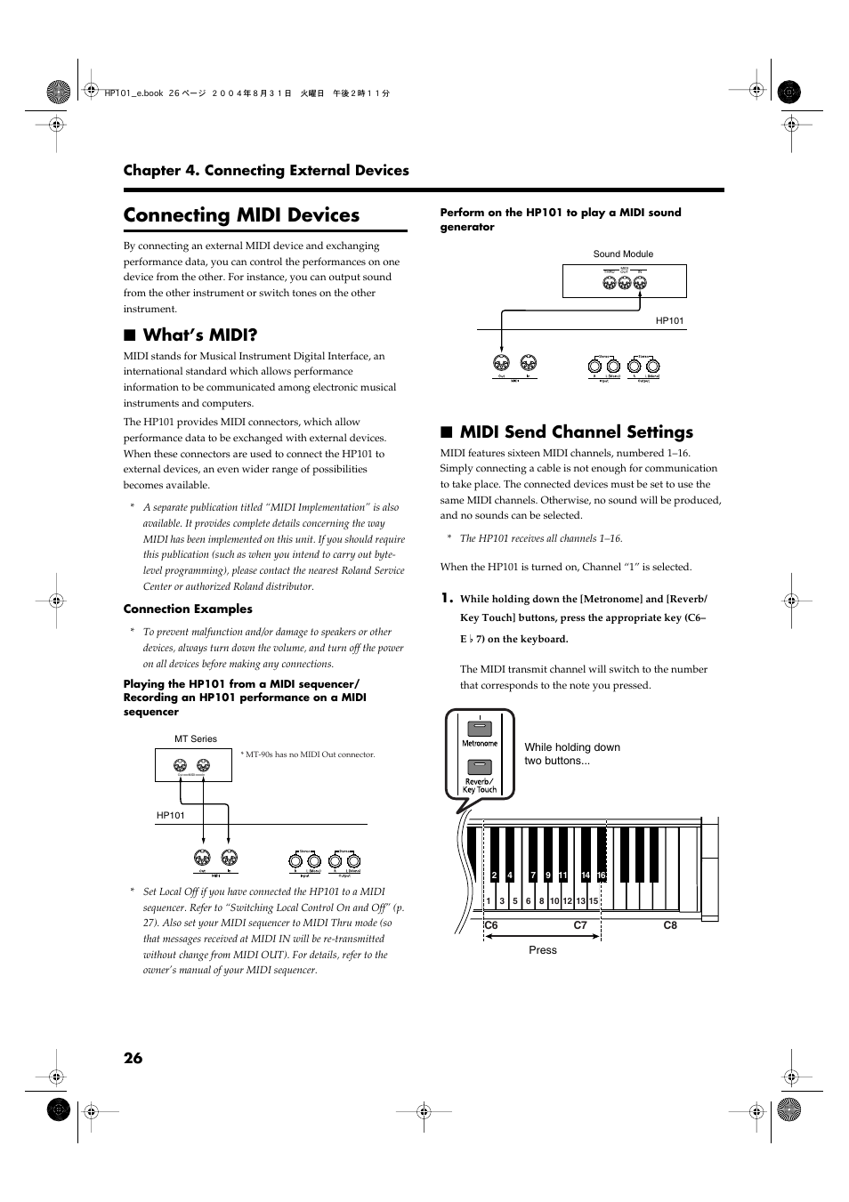 Connecting midi devices, What’s midi, Midi send channel settings | Performance data (p. 26), 26 chapter 4. connecting external devices | Roland HP101 User Manual | Page 26 / 40