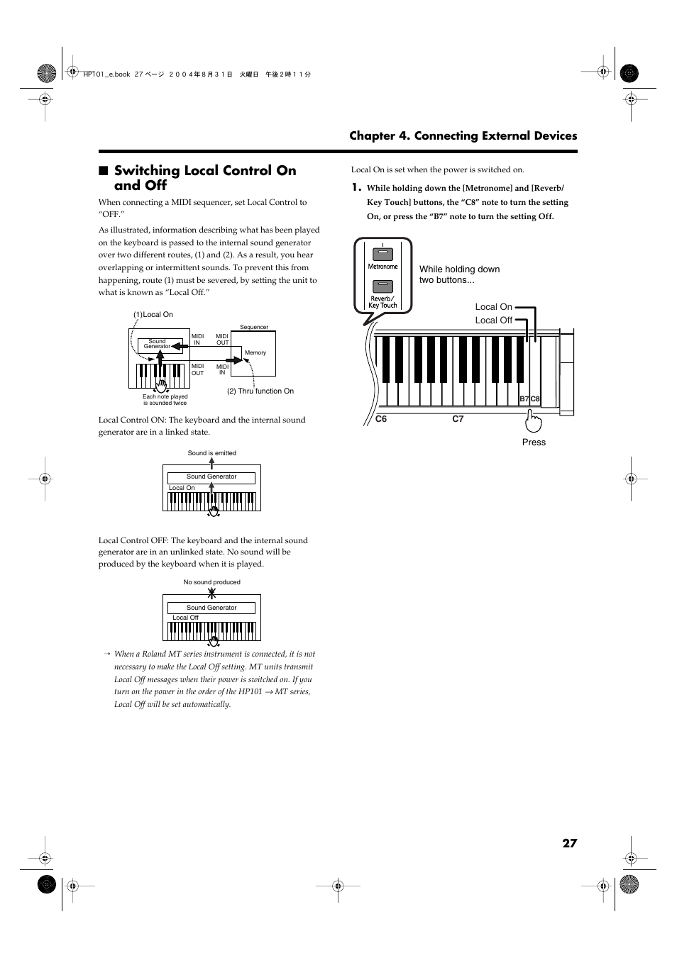 Switching local control on and off, 27 chapter 4. connecting external devices | Roland HP101 User Manual | Page 27 / 40