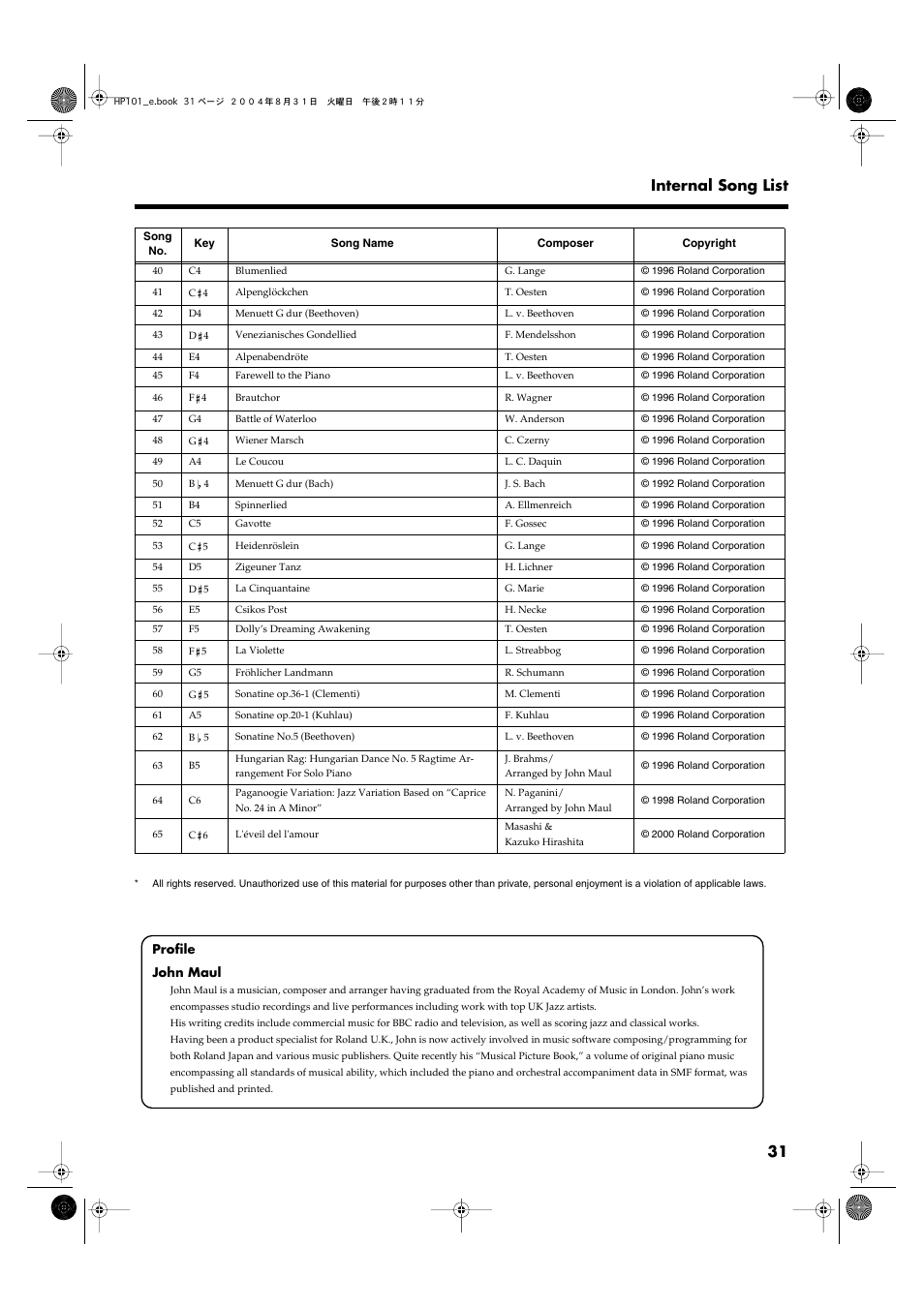 31 internal song list | Roland HP101 User Manual | Page 31 / 40