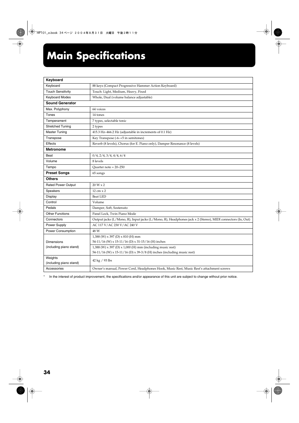 Main specifications | Roland HP101 User Manual | Page 34 / 40