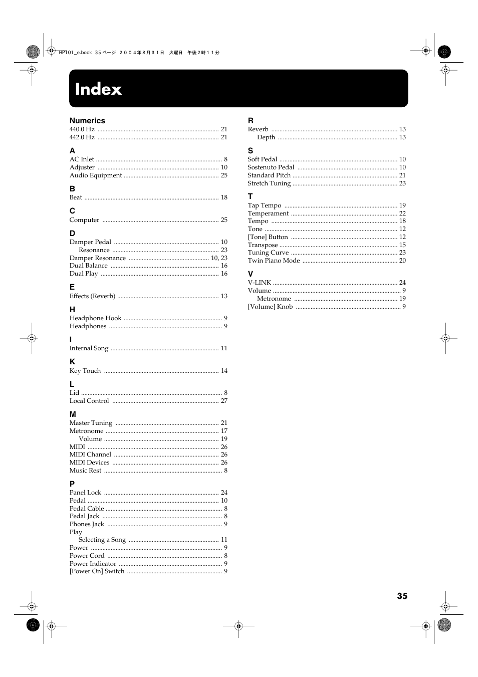 Index | Roland HP101 User Manual | Page 35 / 40