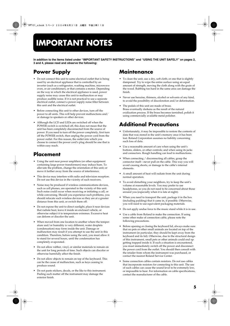 Important notes, Power supply, Placement | Maintenance, Additional precautions | Roland HP101 User Manual | Page 5 / 40