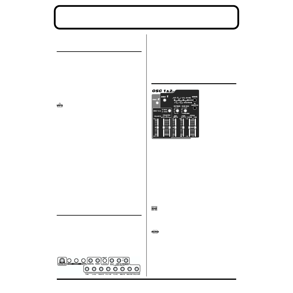 Chapter 2. creating your own sounds, P. 52), Creating sounds that | Reflect the position of, Sliders/knobs (manual), Determining the basic, Waveform and pitch (osc 1, P. 52) for details on the, P. 52) for details on | Roland SH-32 User Manual | Page 52 / 124