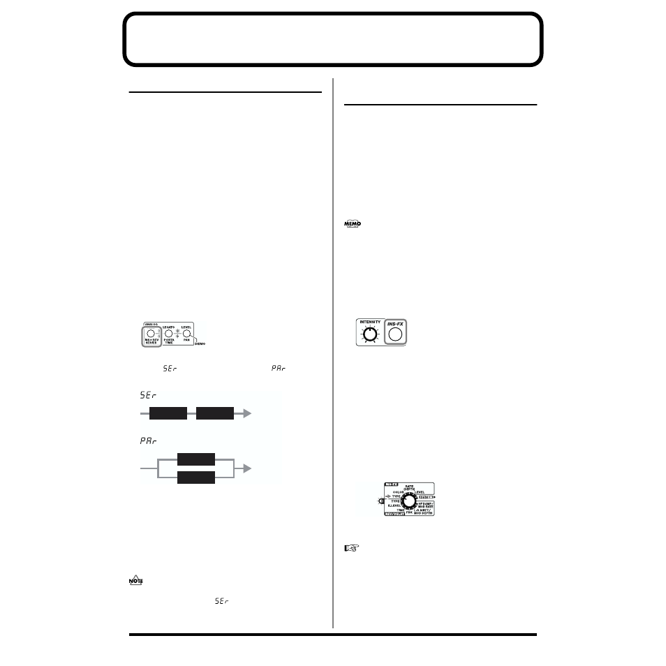 About the onboard effects, Ways of connecting effects (ins > rev series), Using the insertion effects (ins-fx) | Turning the insertion effects on and off, Selecting the insertion effects type (type), P. 64), Chapter 3. applying, Effects to the sound (ins, Fx, rev/delay), P. 64) for | Roland SH-32 User Manual | Page 64 / 124