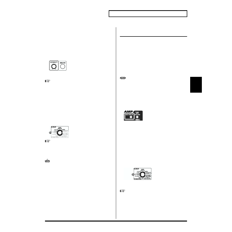Setting the insertion effects, Using the reverb/delay (rev/delay), Turning the reverb/delay on and off | Selecting the reverb/delay type (type), P. 65), P. 65, p. 66), Rhythm set (p. 65, p. 66), Source (p. 65, p. 66), To set the value (p. 65, p. 66), Using the intensity knob | Roland SH-32 User Manual | Page 65 / 124