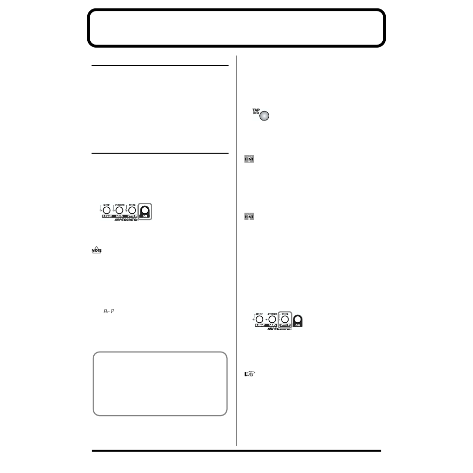 Chapter 6. using arpeggiator (arpeggiator), About arpeggiator, Playing arpeggios | Turning arpeggiator on and off, Determining the tempo for arpeggio performances, Selecting styles for arpeggio performances (style), About arpeggiator playing arpeggios, P. 74), Chapter 6. using, Arpeggiator | Roland SH-32 User Manual | Page 74 / 124