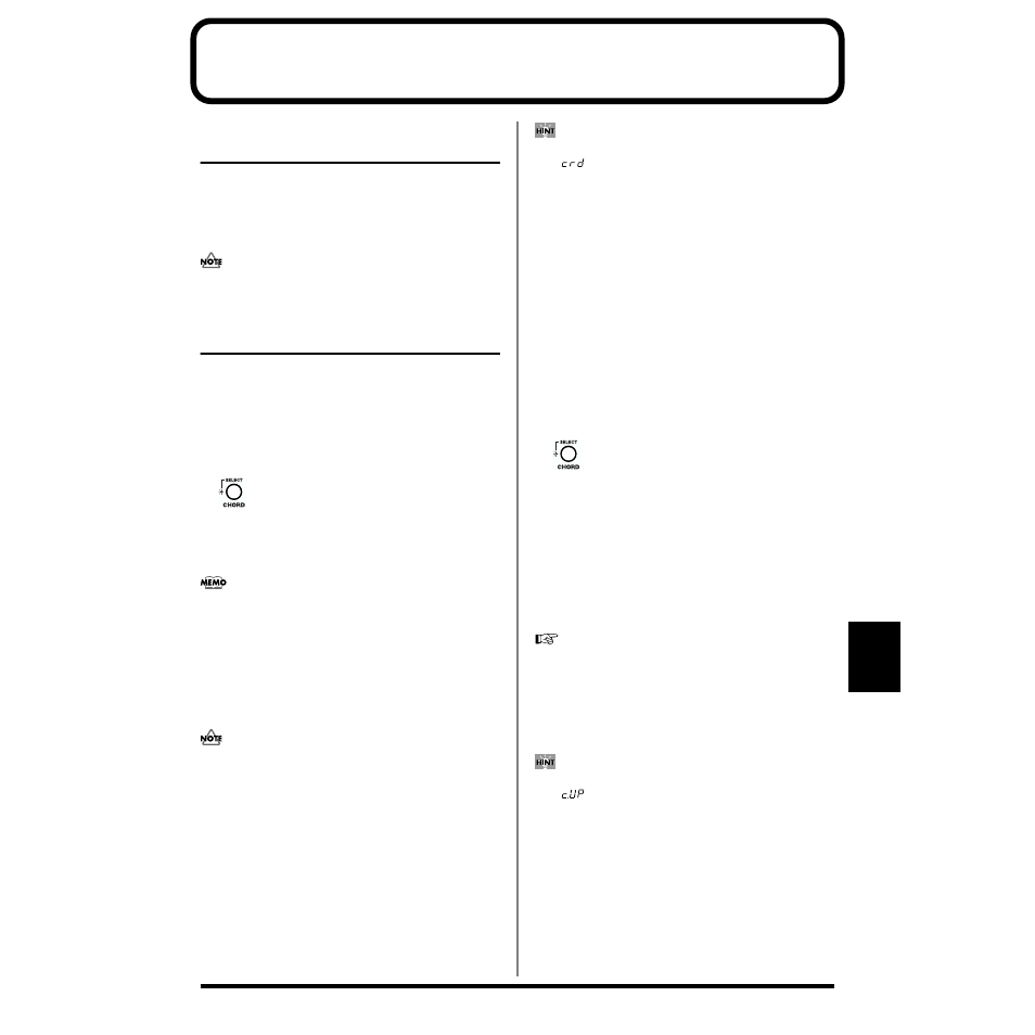 Chapter 7. using the chord memory function (chord), About the chord memory function, Performing with the chord memory function | Turning chord memory function on and off, Selecting chord forms, P. 81), Chapter 7. using the, Chord memory function, Chord), P. 81) for more information | Roland SH-32 User Manual | Page 81 / 124