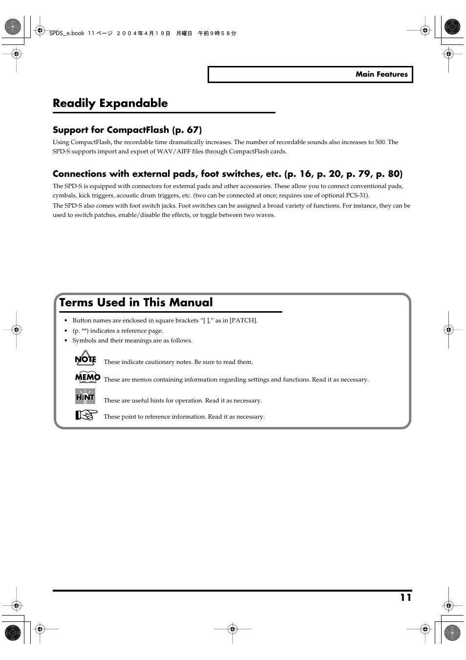Terms used in this manual, Readily expandable | Roland SPD-S User Manual | Page 11 / 144