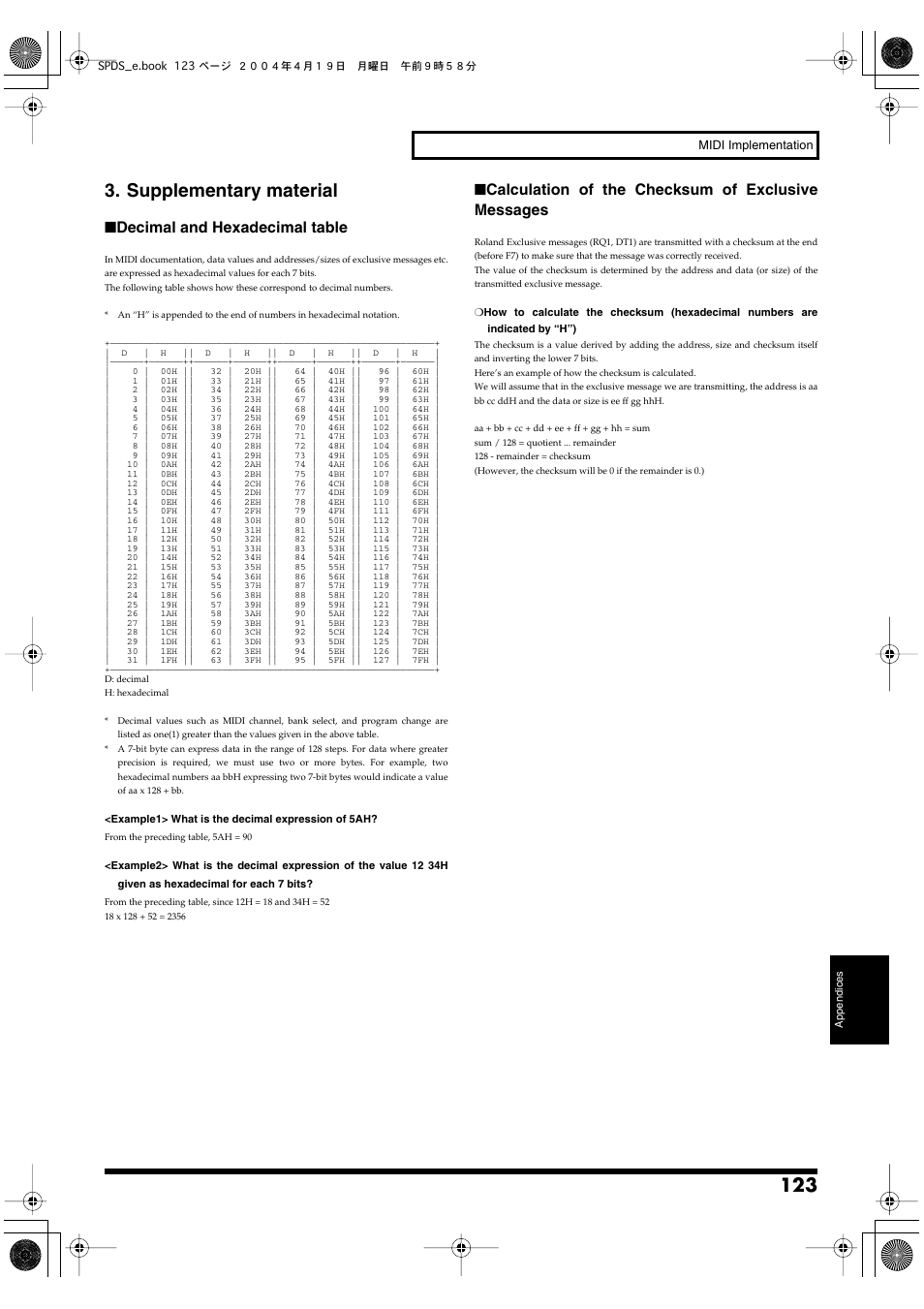 Supplementary material, Decimal and hexadecimal table, Calculation of the checksum of exclusive messages | Roland SPD-S User Manual | Page 123 / 144