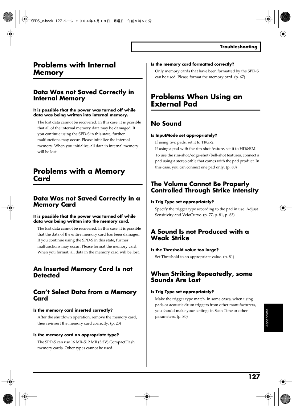 Problems with internal memory, Problems with a memory card, Problems when using an external pad | Data was not saved correctly in internal memory | Roland SPD-S User Manual | Page 127 / 144