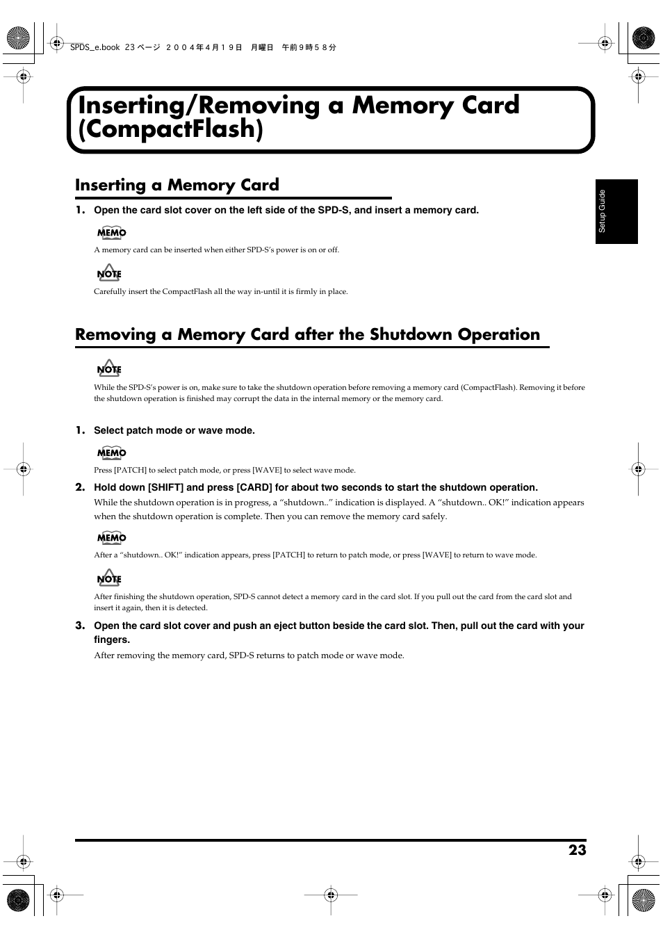 Inserting/removing a memory card (compactflash), Inserting a memory card | Roland SPD-S User Manual | Page 23 / 144