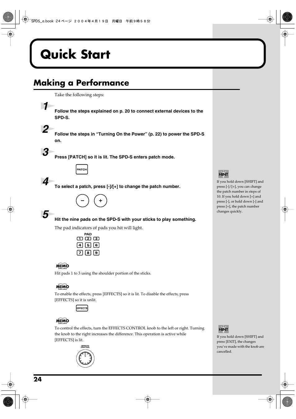 Quick start, Making a performance | Roland SPD-S User Manual | Page 24 / 144