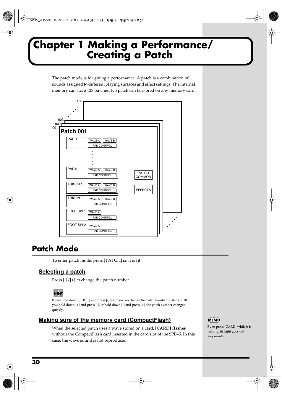 Chapter 1 making a performance/ creating a patch, Patch mode, Chapter 1 making a performance | Creating a patch, P. 30), Selecting a patch, Patch 001 | Roland SPD-S User Manual | Page 30 / 144