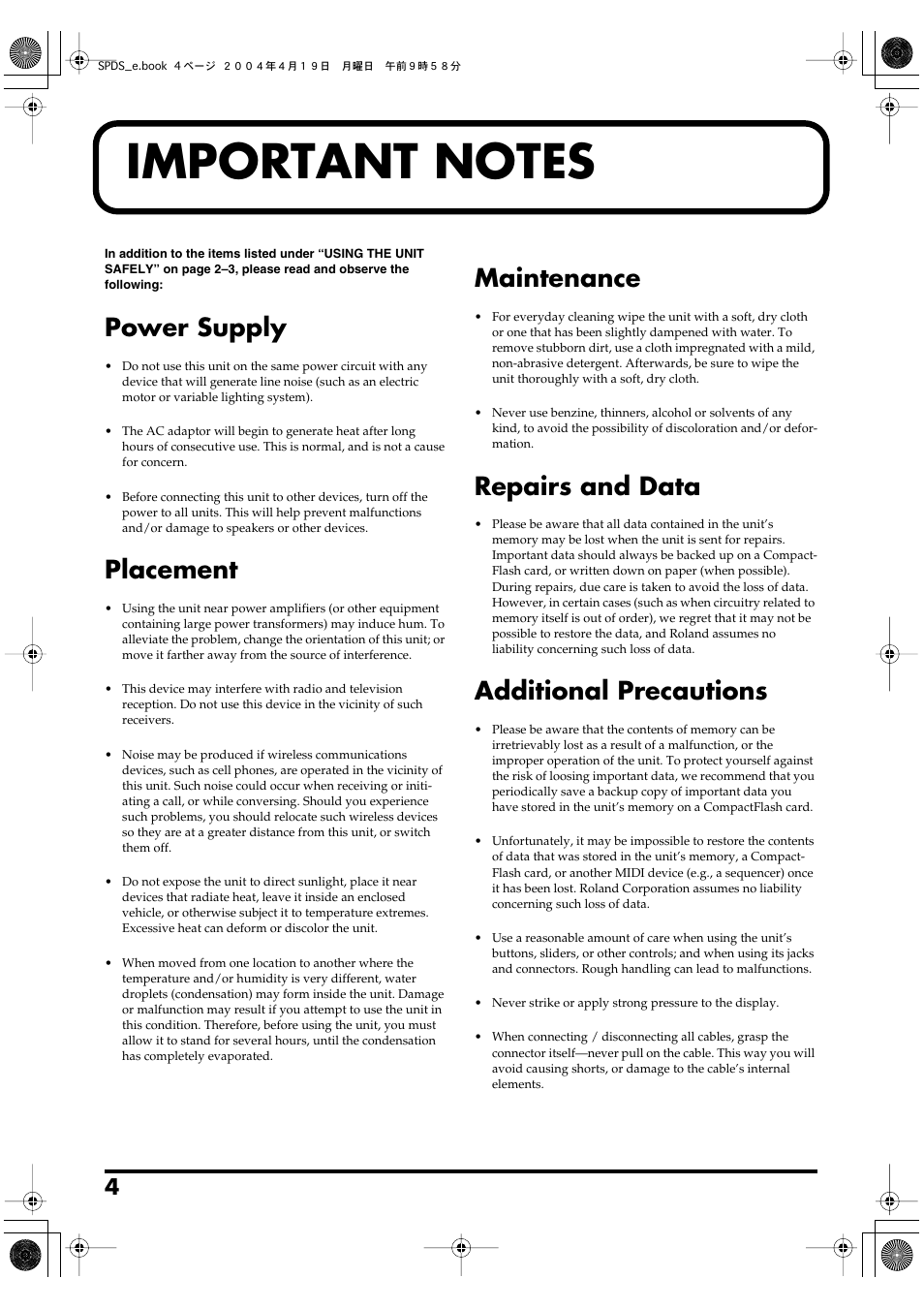 Power supply, Placement, Maintenance | Repairs and data, Additional precautions | Roland SPD-S User Manual | Page 4 / 144