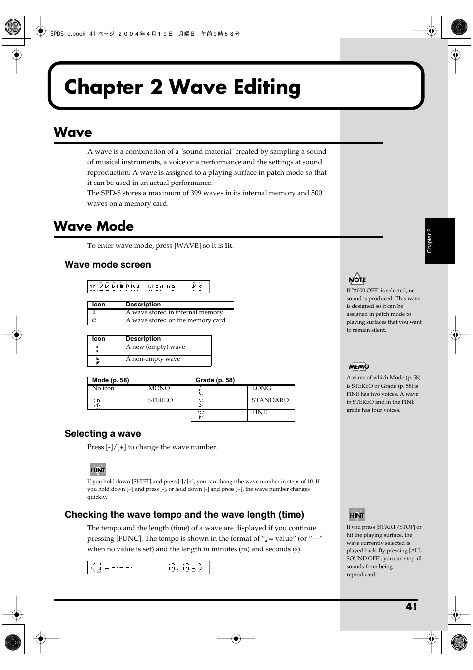 Chapter 2 wave editing, Wave, Wave mode | Wave wave mode, Wave mode screen, Selecting a wave, Checking the wave tempo and the wave length (time) | Roland SPD-S User Manual | Page 41 / 144