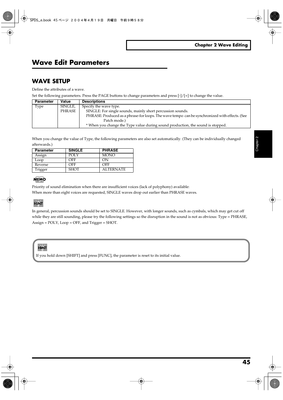 Wave edit parameters, Wave setup | Roland SPD-S User Manual | Page 45 / 144