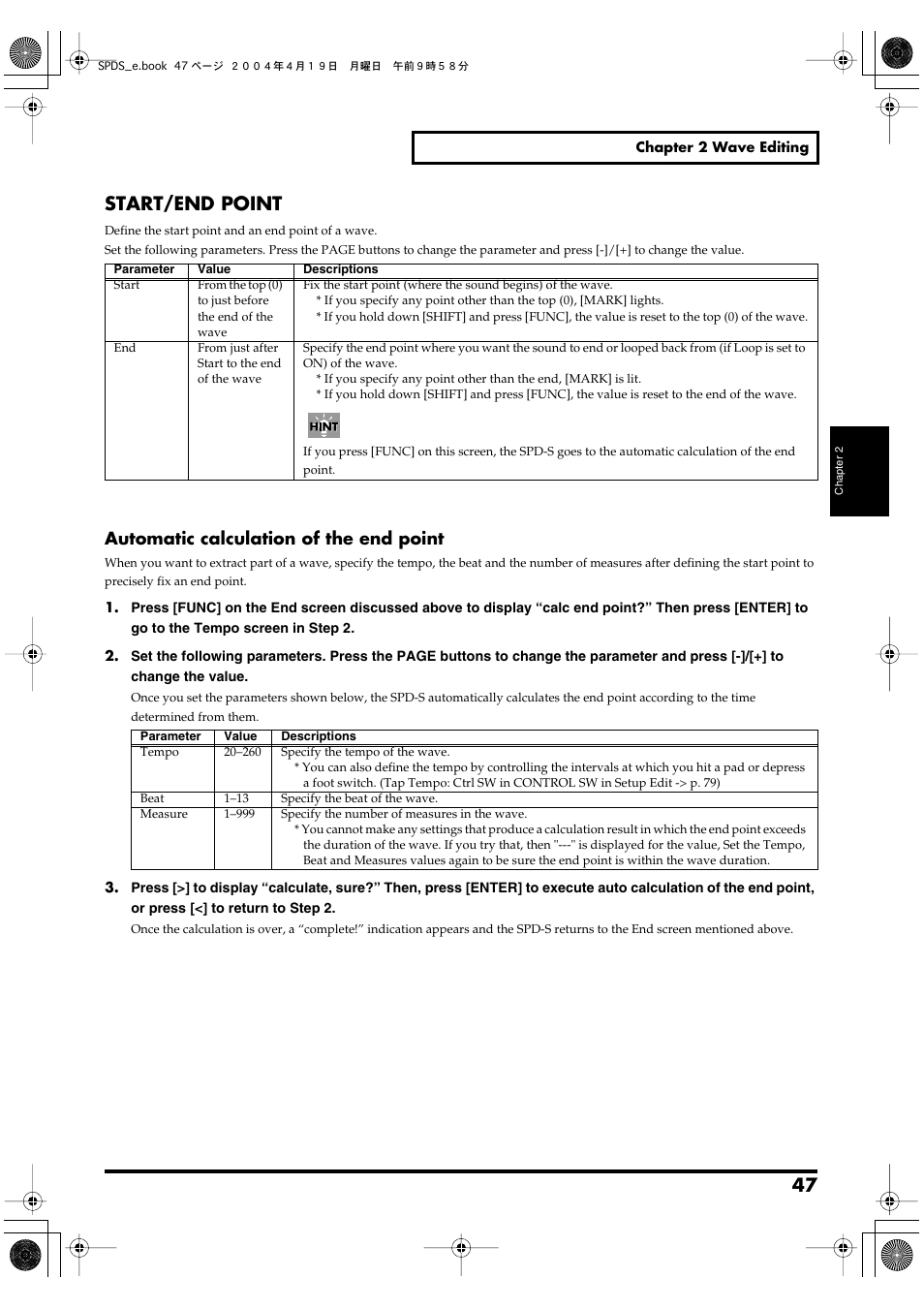 Start/end point, Automatic calculation of the end point | Roland SPD-S User Manual | Page 47 / 144