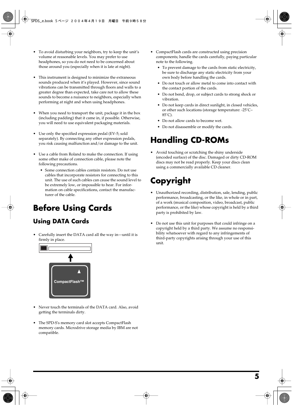 Before using cards, Handling cd-roms, Copyright | Using data cards | Roland SPD-S User Manual | Page 5 / 144
