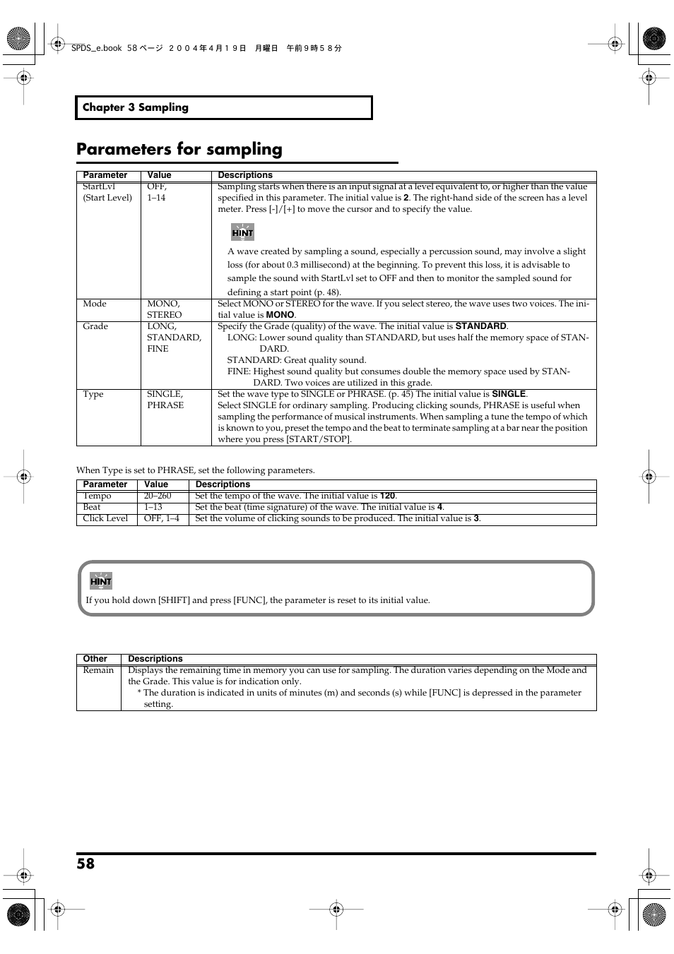 Parameters for sampling | Roland SPD-S User Manual | Page 58 / 144