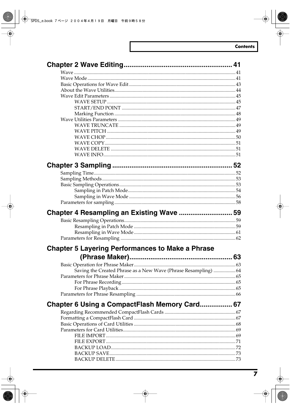 Chapter 2 wave editing, Chapter 3 sampling, Chapter 4 resampling an existing wave | Roland SPD-S User Manual | Page 7 / 144