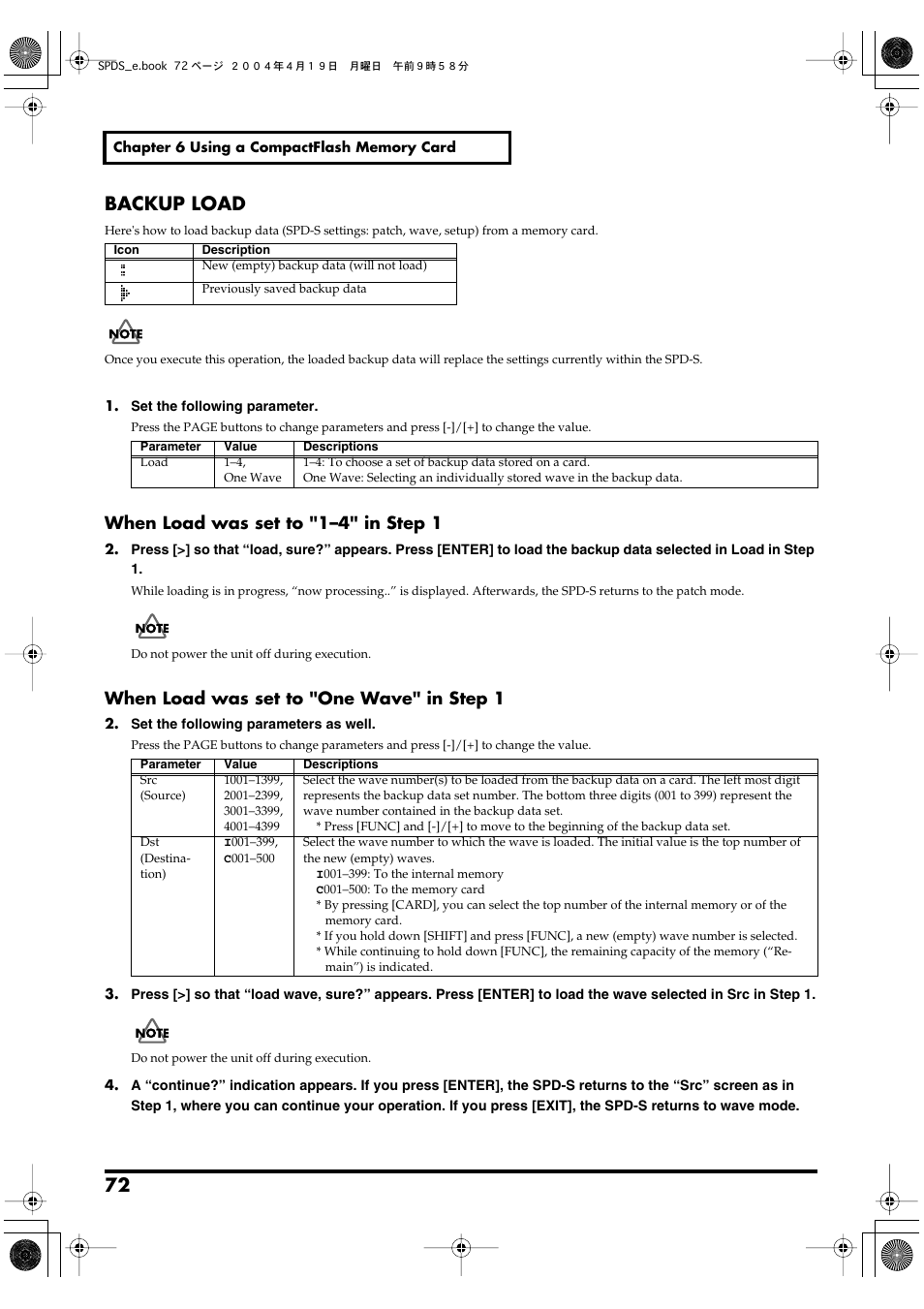 Backup load, P. 72, When load was set to "1–4" in step 1 | When load was set to "one wave" in step 1 | Roland SPD-S User Manual | Page 72 / 144