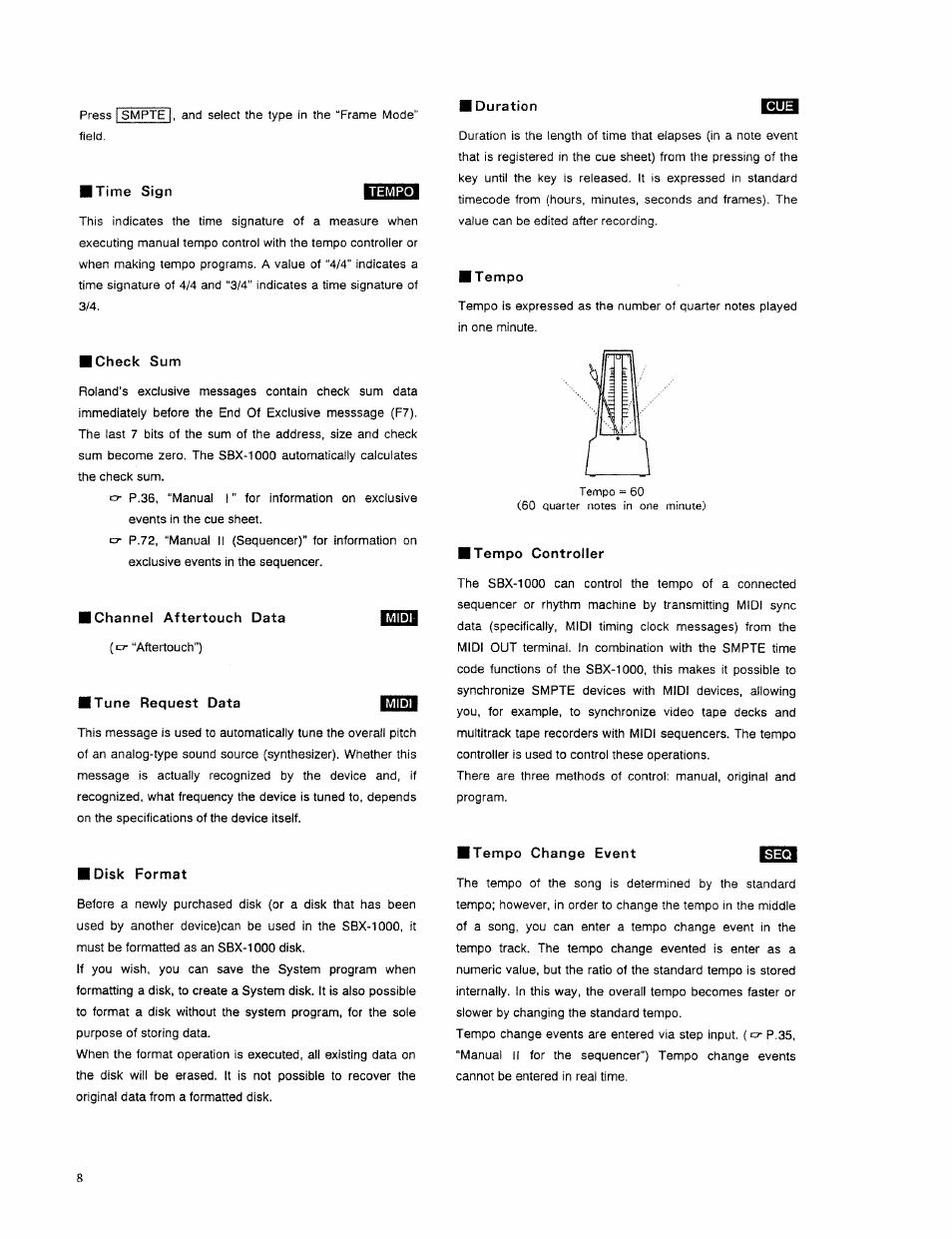 Itime sign, Check sum, I channel aftertouch data | I tune request data, Disk format, Tempo, Tempo controller, Tempo change event | Roland SBX-1000 User Manual | Page 10 / 18