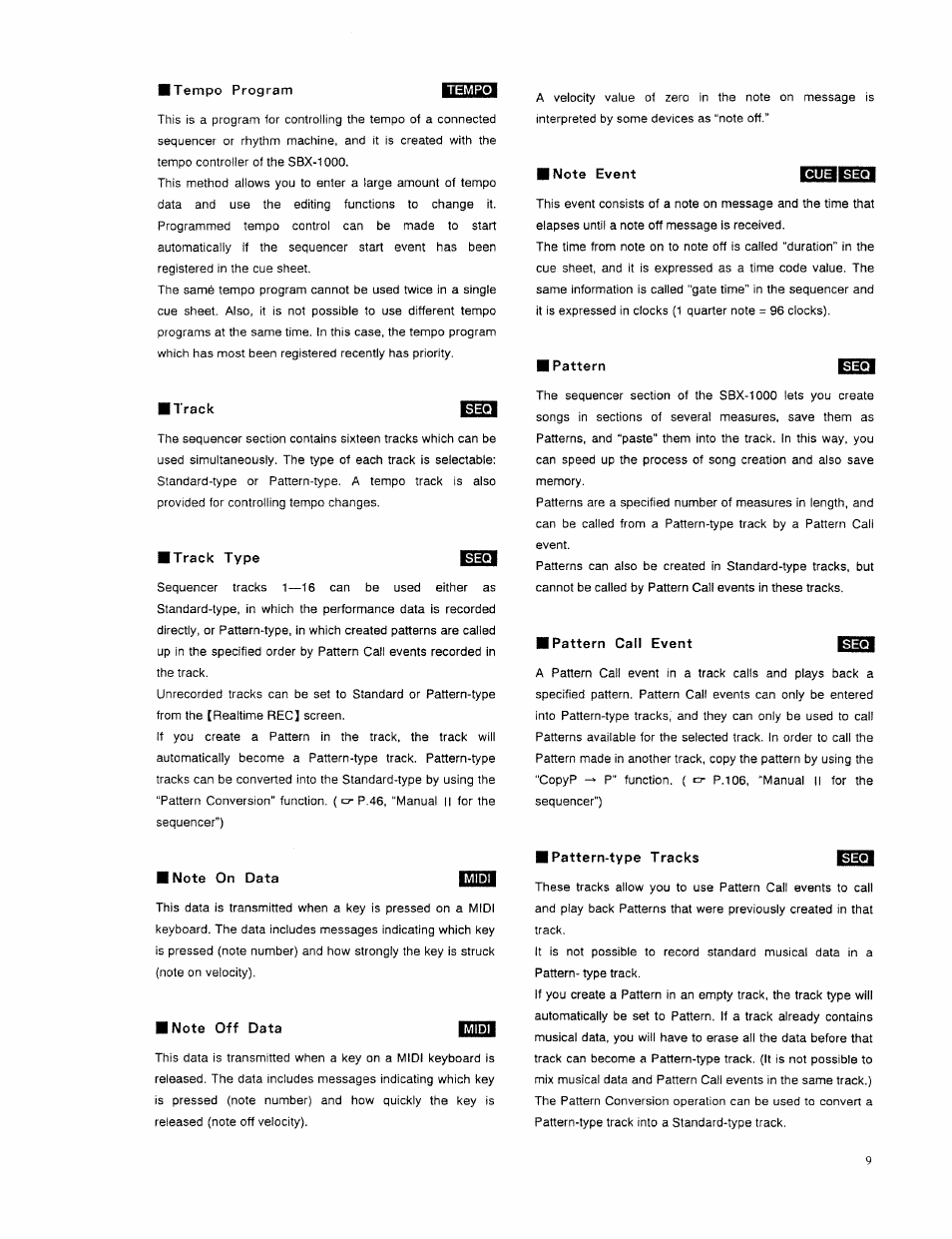 Track type, I note on data, I note off data | I note event, I pattern, Pattern call event, Pattern-type tracks e§3, E5si | Roland SBX-1000 User Manual | Page 11 / 18