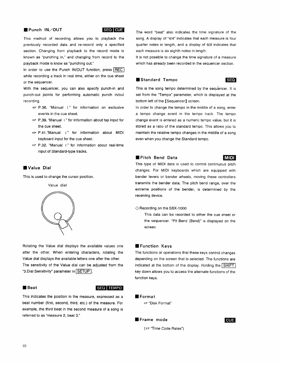 I punch in/out, Value dial, Standard tempo mag*i | Pitch bend data, Function keys, I format, Frame mode | Roland SBX-1000 User Manual | Page 12 / 18