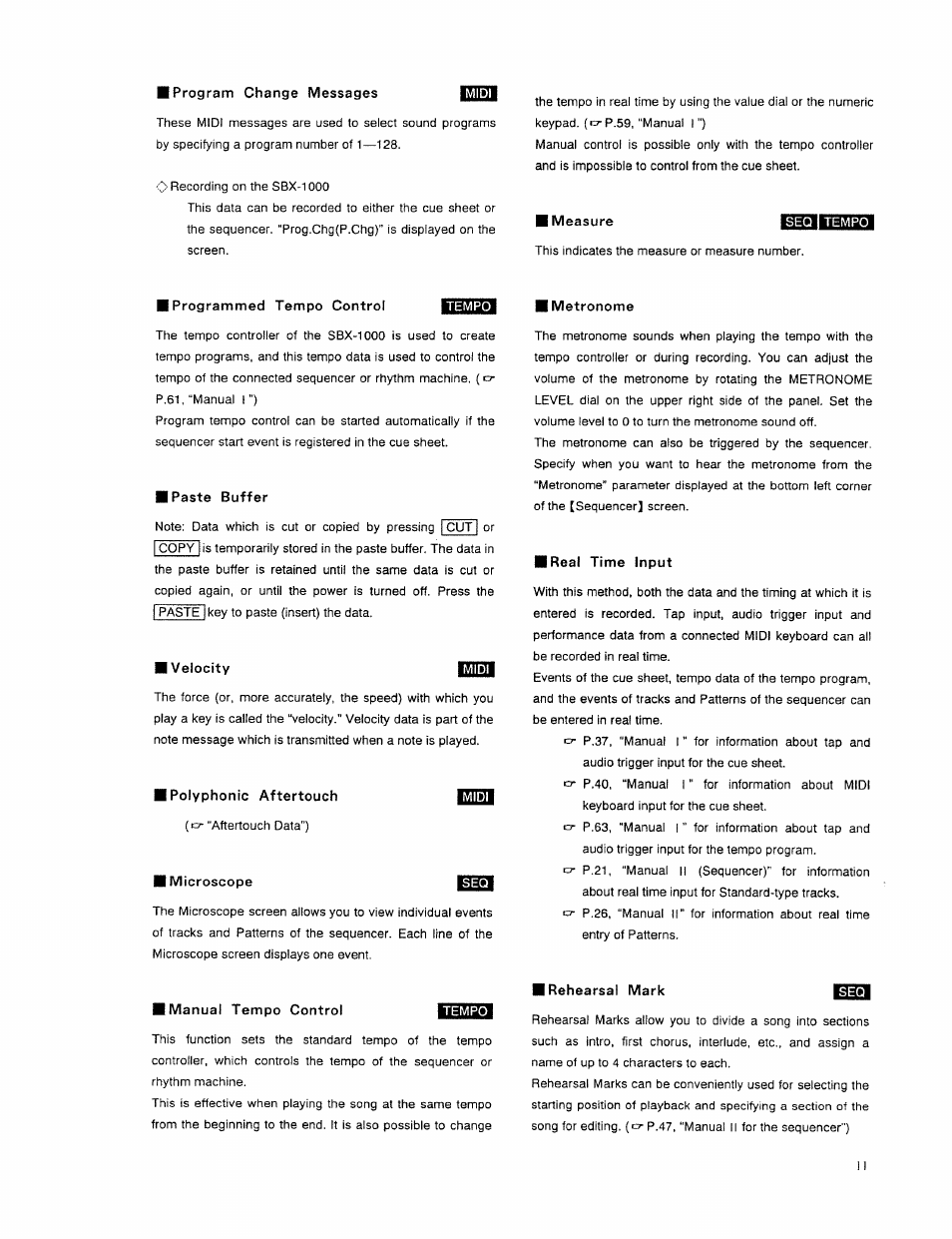 Measure bsii, Iprogrammed tempo control, Paste buffer | I velocity, Polyphonic aftertouch ■flliril, Microscope eisi, I manual tempo control, Metronome, Real time input, I rehearsal mark | Roland SBX-1000 User Manual | Page 13 / 18