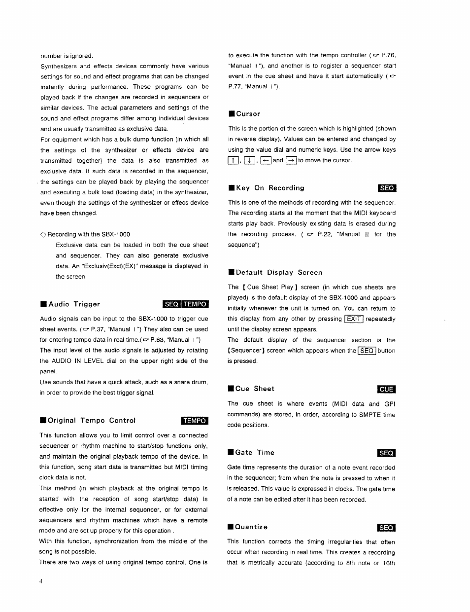 Laudio trigger, Original tempo control, Cursor | Key on recording, Default display screen, Cue sheet liiia, Gate time, Quantize, I t i, i, I, i ■«- i | Roland SBX-1000 User Manual | Page 6 / 18